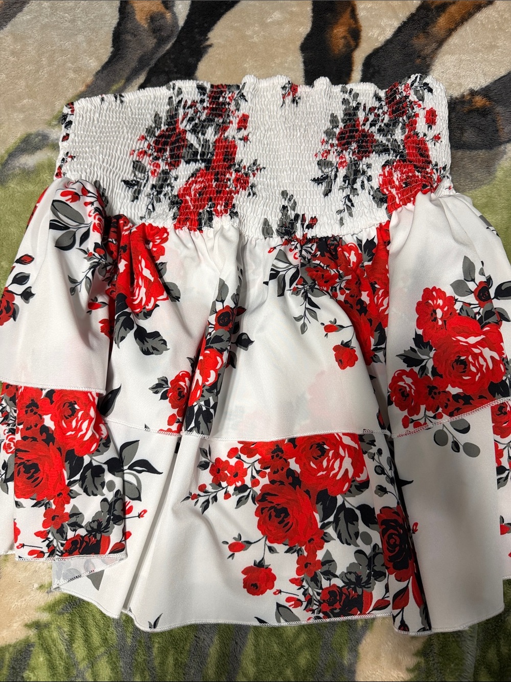 SHEIN White Floral Off-Shoulder Smocked Top with Red and Black Roses